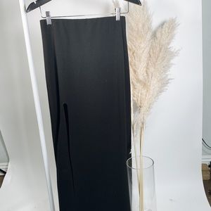 high split black skirt
